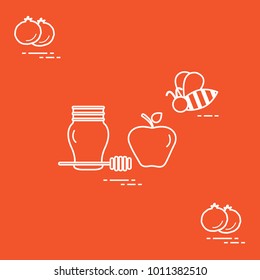 Apple in honey in Rosh Hashanah, pomegranate, bee. Traditional Jewish food and symbols. Design for postcard, banner, poster or print.