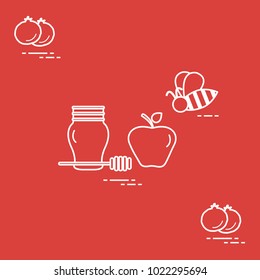 Apple in honey in Rosh Hashanah, pomegranate, bee. Traditional Jewish food and symbols. Design for postcard, banner, poster or print.