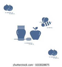 Apple in honey in Rosh Hashanah, pomegranate, bee. Traditional Jewish food and symbols. Design for postcard, banner, poster or print.