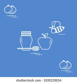 Apple in honey in Rosh Hashanah, pomegranate, bee. Traditional Jewish food and symbols. Design for postcard, banner, poster or print.