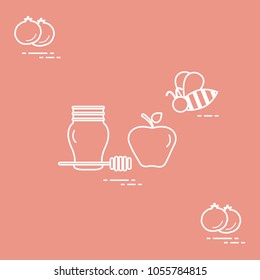 Apple in honey in Rosh Hashanah, pomegranate, bee. Traditional Jewish food and symbols. Design for postcard, banner, poster or print.