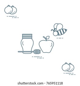 Apple in honey in Rosh Hashanah, pomegranate, bee. Traditional Jewish food and symbols. Design for postcard, banner, poster or print.