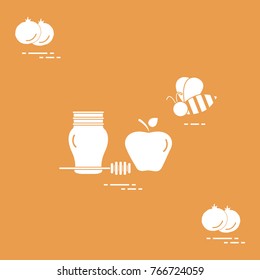 Apple in honey in Rosh Hashanah, pomegranate, bee. Traditional Jewish food and symbols. Design for postcard, banner, poster or print.