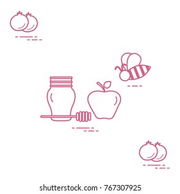 Apple in honey in Rosh Hashanah, pomegranate, bee. Traditional Jewish food and symbols. Design for postcard, banner, poster or print.