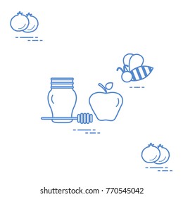 Apple in honey in Rosh Hashanah, pomegranate, bee. Traditional Jewish food and symbols. Design for postcard, banner, poster or print.