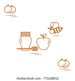 Apple in honey in Rosh Hashanah, pomegranate, bee. Traditional Jewish food and symbols. Design for postcard, banner, poster or print.