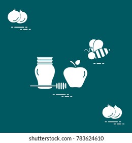 Apple in honey in Rosh Hashanah, pomegranate, bee. Traditional Jewish food and symbols. Design for postcard, banner, poster or print.