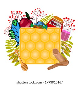 Apple honey, shofar, jam, fish, glass, dipper, floral frame. Happy Jewish New Year. Shana Tova. Rosh hashanah card with copy space. Have a sweet year. Hashana Jewish Holiday. Stock vector illustration