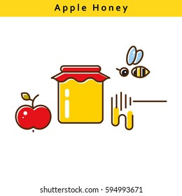 Apple honey vector colored line icons. Bee, honey and fruit symbols.