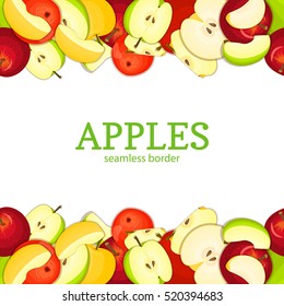 Apple Horizontal seamless border. Vector illustration card top and bottom Yellow red and green apples fruits whole and slice appetizing looking for packaging design of juice breakfast, healthy eating