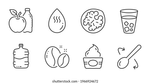 Apple, Hot water and Ice tea line icons set. Coffee beans, Cooler bottle and Ice cream signs. Cooking spoon, Walnut symbols. Diet food, Aqua drop, Soda beverage. Food and drink set. Vector