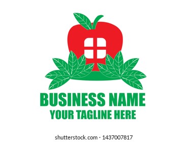 an apple house logo consisting of a window inside and several leaves surrounding it, perfect for business