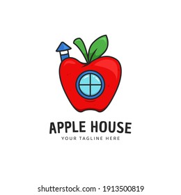 Apple house logo icon with apple as home with round window and chimney cartoon logo