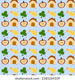 Apple, house, tree, fried shrimp on blue background, Blue lines, fabric pattern, wrapping paper pattern, notebook cover , seamless pattern 