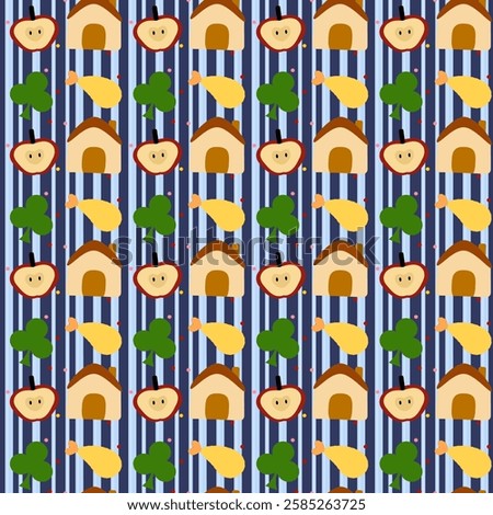 Apple, house, tree, fried shrimp on blue background, Blue lines, fabric pattern, wrapping paper pattern, notebook cover , seamless pattern 