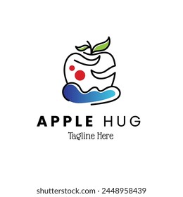 Apple hugging self concept art logo vector illustration for grocery store, ecommerce store and healthy foods. Dummy text on white isolated background.