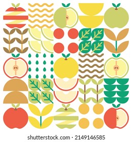 Apple Icon Abstract Artwork. Design Illustration Of Colorful Apple Pattern, Leaves, And Geometric Symbols In Minimalist Style. Whole Fruit, Cut And Split. Simple Flat Vector On A White Background.