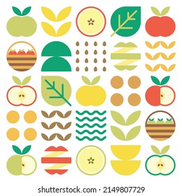 Apple Icon Abstract Artwork. Design Illustration Of Colorful Apple Pattern, Leaves, And Geometric Symbols In Minimalist Style. Whole Fruit, Cut And Split. Simple Flat Vector On A White Background.