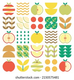 Apple Icon Abstract Artwork. Design Illustration Of Colorful Apple Pattern, Leaves, And Geometric Symbols In Minimalist Style. Whole Fruit, Cut And Split. Simple Flat Vector On A White Background.