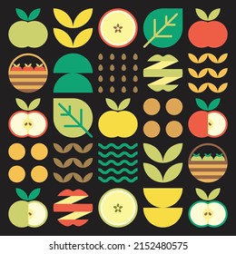 Apple Icon Abstract Artwork. Design Illustration Of Colorful Apple Pattern, Leaves, And Geometric Symbols In Minimalist Style. Whole Fruit, Cut And Split. Simple Flat Vector On A Black Background.