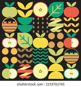 Apple Icon Abstract Artwork. Design Illustration Of Colorful Apple Pattern, Leaves, And Geometric Symbols In Minimalist Style. Whole Fruit, Cut And Split. Simple Flat Vector On A Black Background.