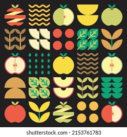 Apple Icon Abstract Artwork. Design Illustration Of Colorful Apple Pattern, Leaves, And Geometric Symbols In Minimalist Style. Whole Fruit, Cut And Split. Simple Flat Vector On A Black Background.