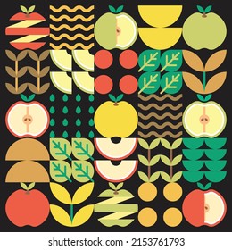 Apple Icon Abstract Artwork. Design Illustration Of Colorful Apple Pattern, Leaves, And Geometric Symbols In Minimalist Style. Whole Fruit, Cut And Split. Simple Flat Vector On A Black Background.