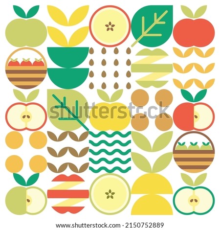 Apple icon abstract artwork. Design illustration of colorful apple pattern, leaves, and geometric symbols in minimalist style. Whole fruit, cut and split. Simple flat vector on a white background.