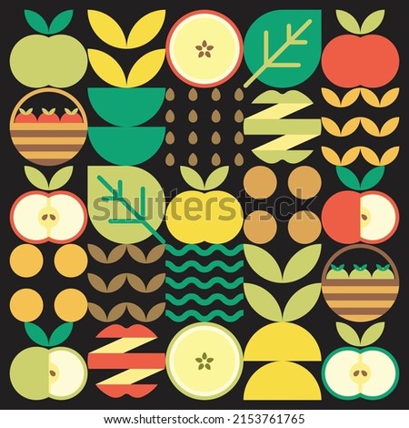Apple icon abstract artwork. Design illustration of colorful apple pattern, leaves, and geometric symbols in minimalist style. Whole fruit, cut and split. Simple flat vector on a black background.