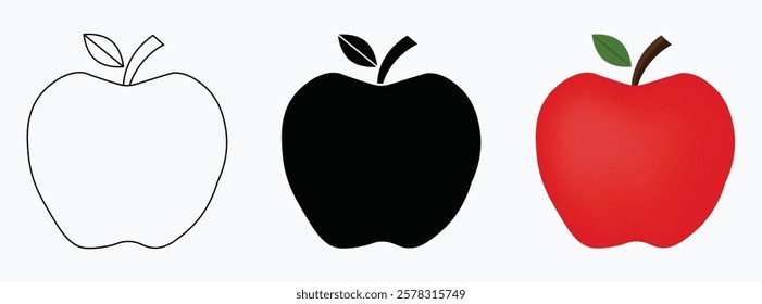 apple Icon collection in filled and stroke style, Outline, glyph black, flat color and filled line color, icon symbol set, fruit concept, apple