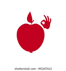 Apple icon. A flat image silhouette of an Apple with a human hand making the OK sign. The symbol of high quality and of much use.