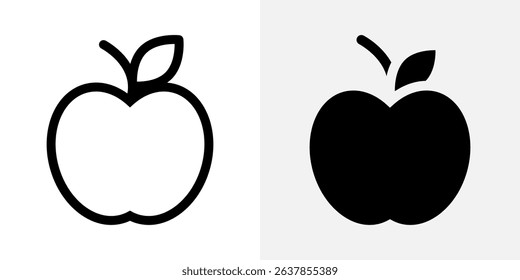 Apple icon. Fresh fruit with stem and leaf sign. Healthy snack, nutrition, and organic food symbol. Diet, vitamins, and natural produce pictogram. Grocery and plant-based illustration.