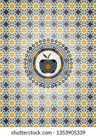 apple icon inside arabesque badge background. arabic decoration.
