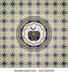 apple icon inside arabesque badge background. arabic decoration.