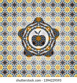 apple icon inside arabesque emblem background. arabic decoration.
