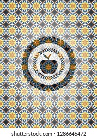 apple icon inside arabic badge background. Arabesque decoration.