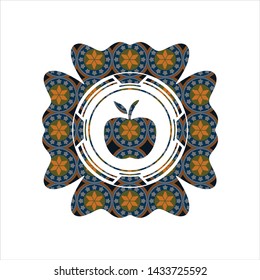 apple icon inside arabic badge background. Arabesque decoration.
