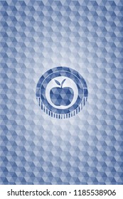apple icon inside blue badge with geometric pattern.