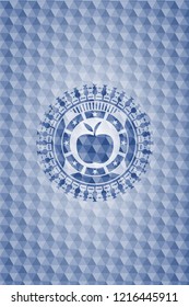 apple icon inside blue emblem or badge with abstract geometric pattern background.