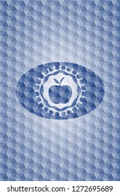 apple icon inside blue emblem or badge with abstract geometric pattern background.