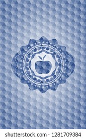 apple icon inside blue emblem with geometric background.