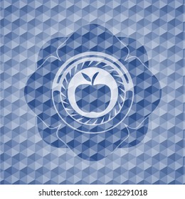 apple icon inside blue emblem with geometric pattern background.