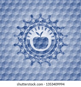 apple icon inside blue emblem or badge with geometric pattern background.