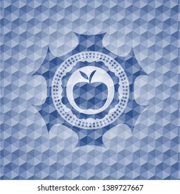 apple icon inside blue emblem or badge with abstract geometric polygonal pattern background.