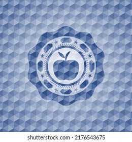 Apple Icon Inside Blue Emblem Or Badge With Abstract Geometric Pattern Background. 