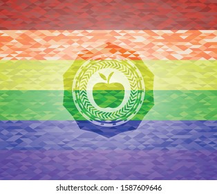 apple icon inside emblem on mosaic background with the colors of the LGBT flag
