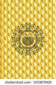 apple icon inside gold badge or emblem. Scales pattern. Vector Illustration. Detailed.