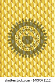 apple icon inside gold shiny emblem. Scales pattern. Vector Illustration. Detailed.