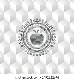 apple icon inside grey badge with geometric cube white background