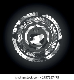 apple icon inside grey camouflaged emblem. 